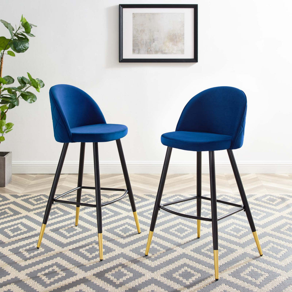 Bar Stool Chair Barstool, Set of 2, Velvet, Metal, Blue Navy, Modern, Bar Pub