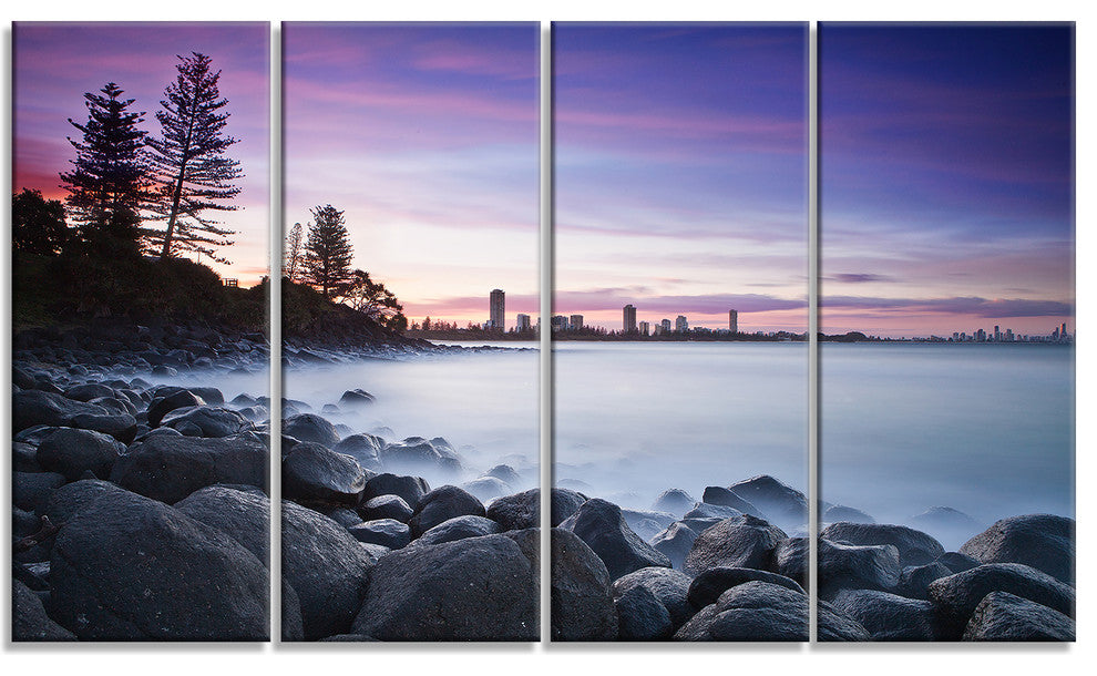 "Rocky Burleigh Point in Blue" Seascape Art Canvas, 4 Panels, 48"x28"