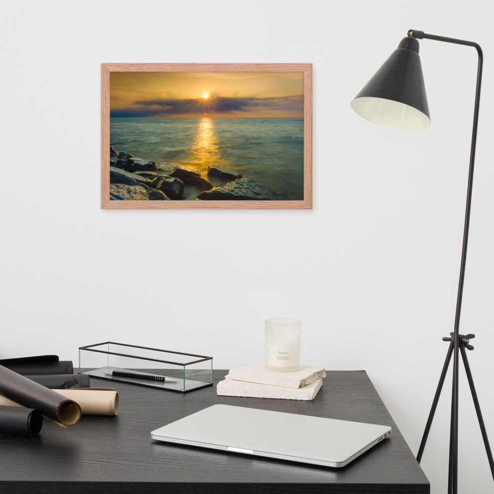 Sun Ray on the Water Coastal Landscape Framed Photo Paper Wall Art Print, Red Oak, 12" X 18"