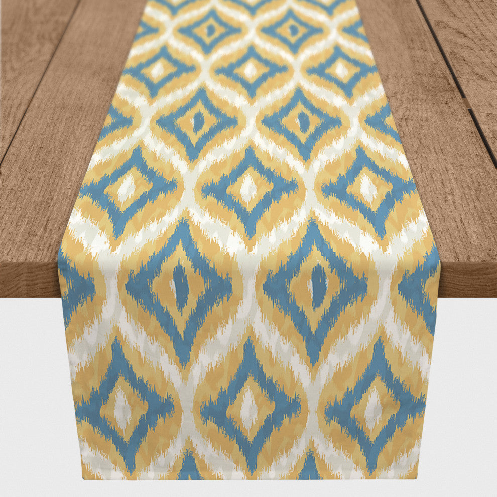 Blue and Yellow Ikat 16x72 Cotton Twill Runner