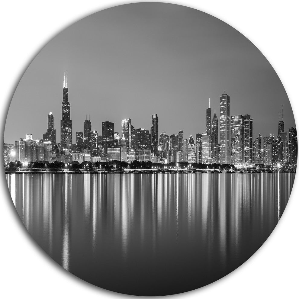 Chicago Skyline At Night Black And White, Circle Metal Wall Art, 23"