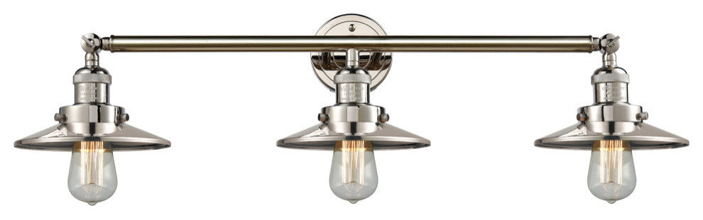 Railroad 3-Light Bath Fixture, Polished Nickel/Polished Nickel Railroad Shade
