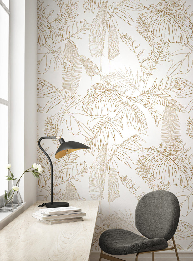 Hand Drawn Jungle Leaves Vinyl Peel and Stick Mural, Gold, 24"x96", Single