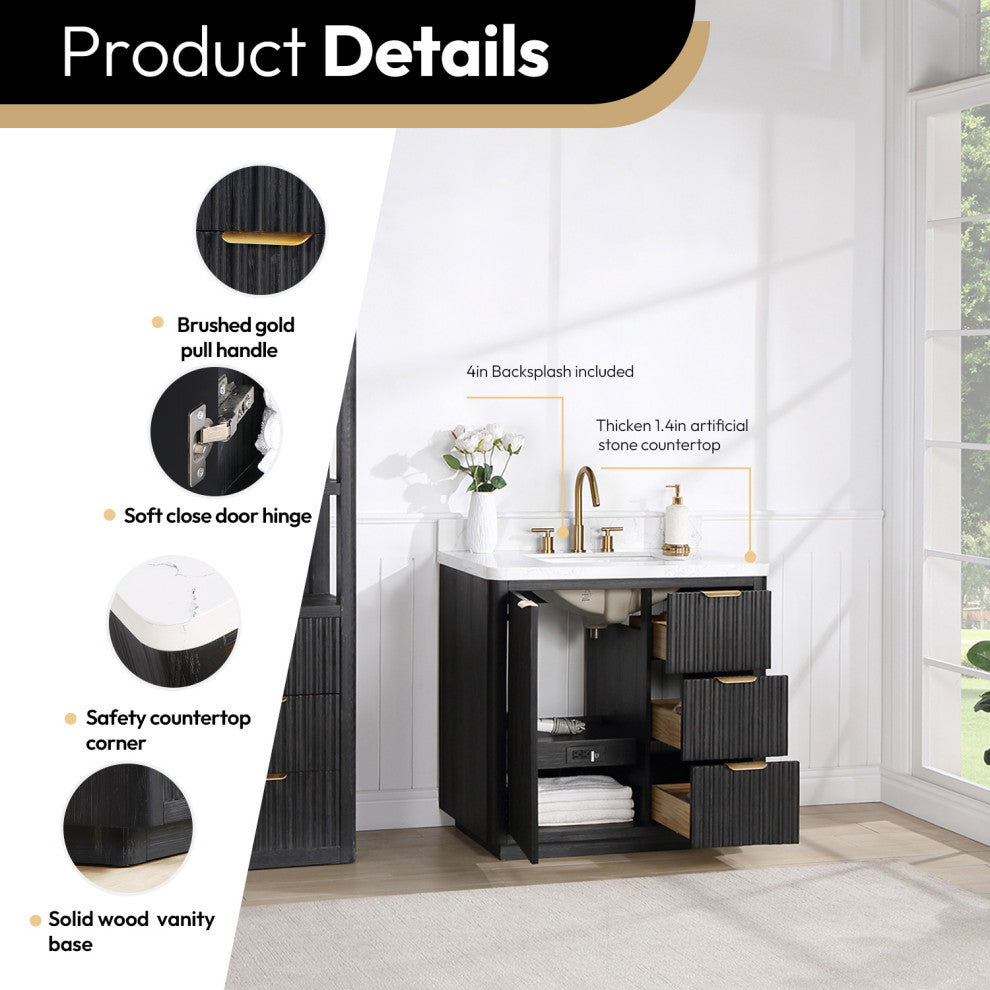 Vinnova Cadiz Bath Vanity, Composite Stone Top, Black, 36", No Mirror
