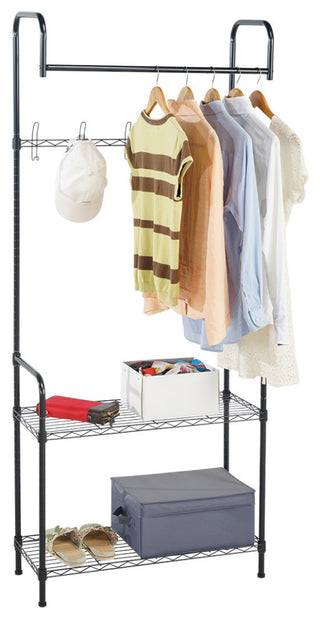 Full product shot on a clean white background showing the entire coat rack with storage shelves; no text or overlays.