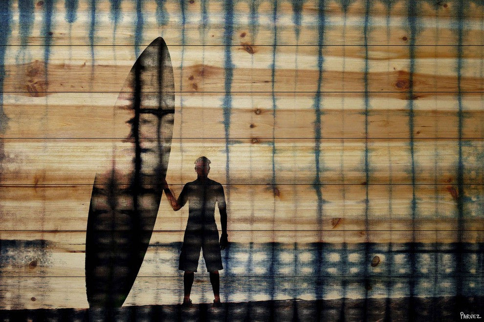 "Surf at Dusk" Print on Natural Pine Wood, 36"x24"