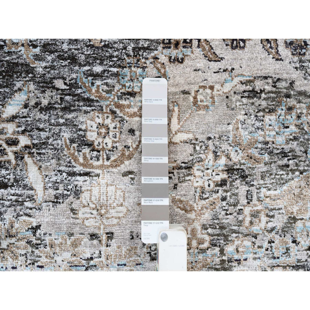 Gray, Silk with Textured Wool, Hand Knotted, Modern, Round, Rug, 11'10" x 11'10"