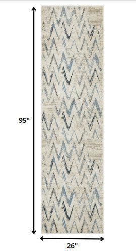 2"x8" Beige Blue Distressed Chevron Runner Rug