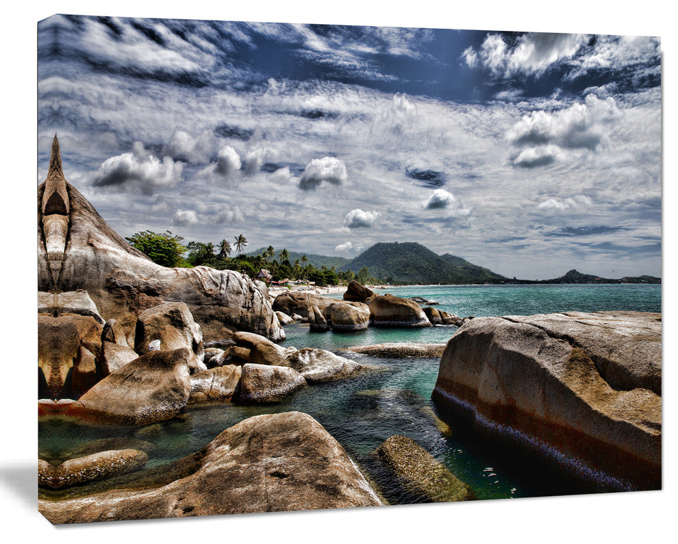 Rocky Beach with Dramatic Sky, Large Seashore Canvas Art Print, 60"x28"