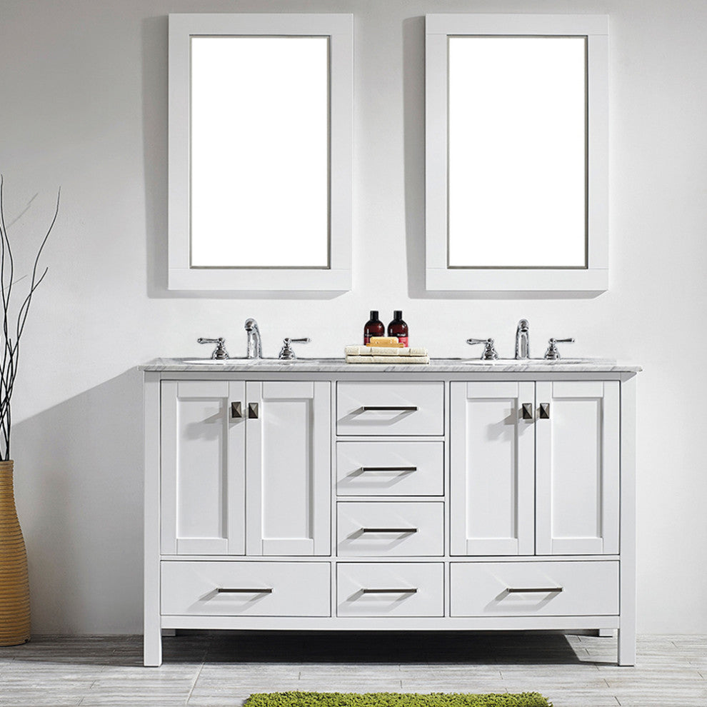 Gela 60" Double Vanity in White with Carrara White Marble Countertop With Mirror