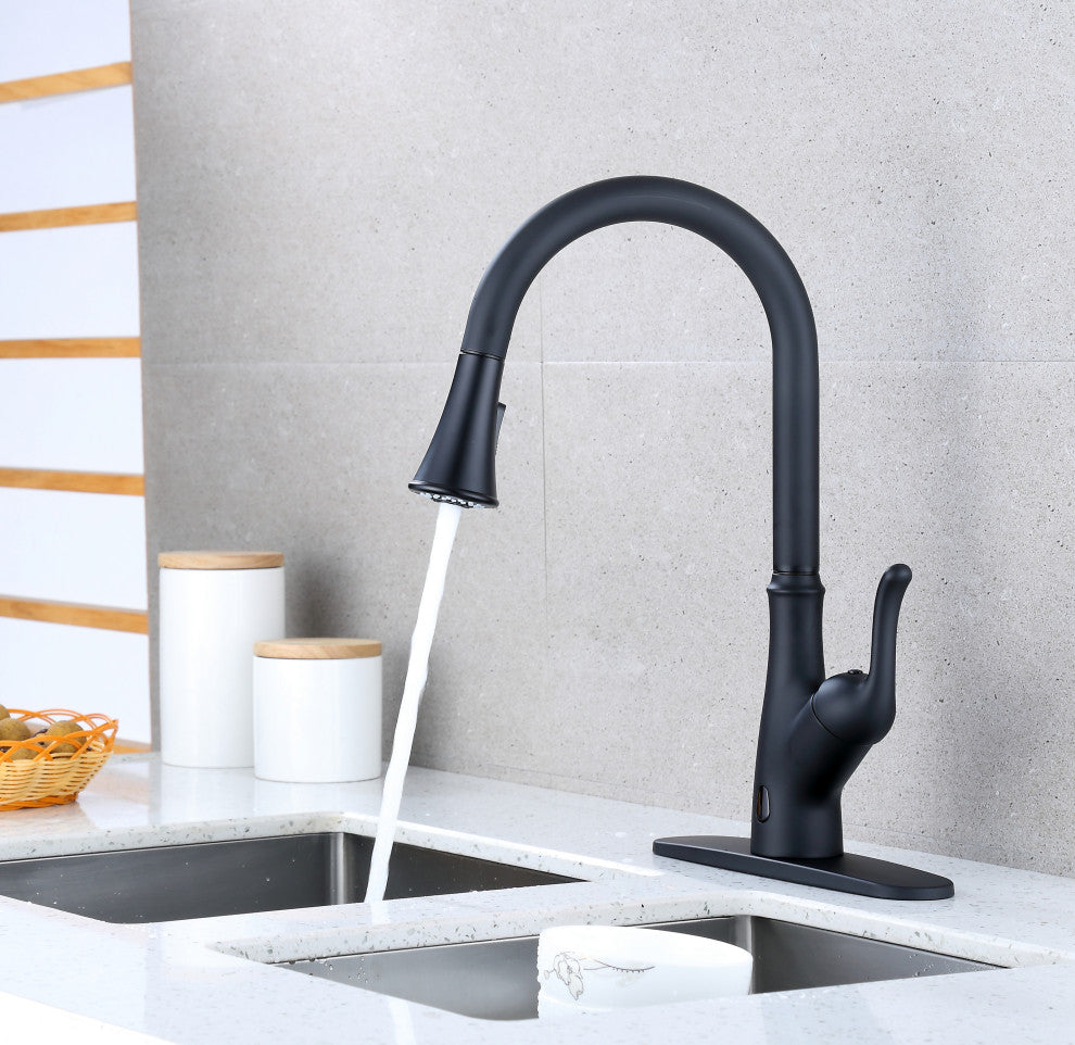 Runfine Hands Free Single-Handle Pull down Sprayer Kitchen Faucet, Matte Black