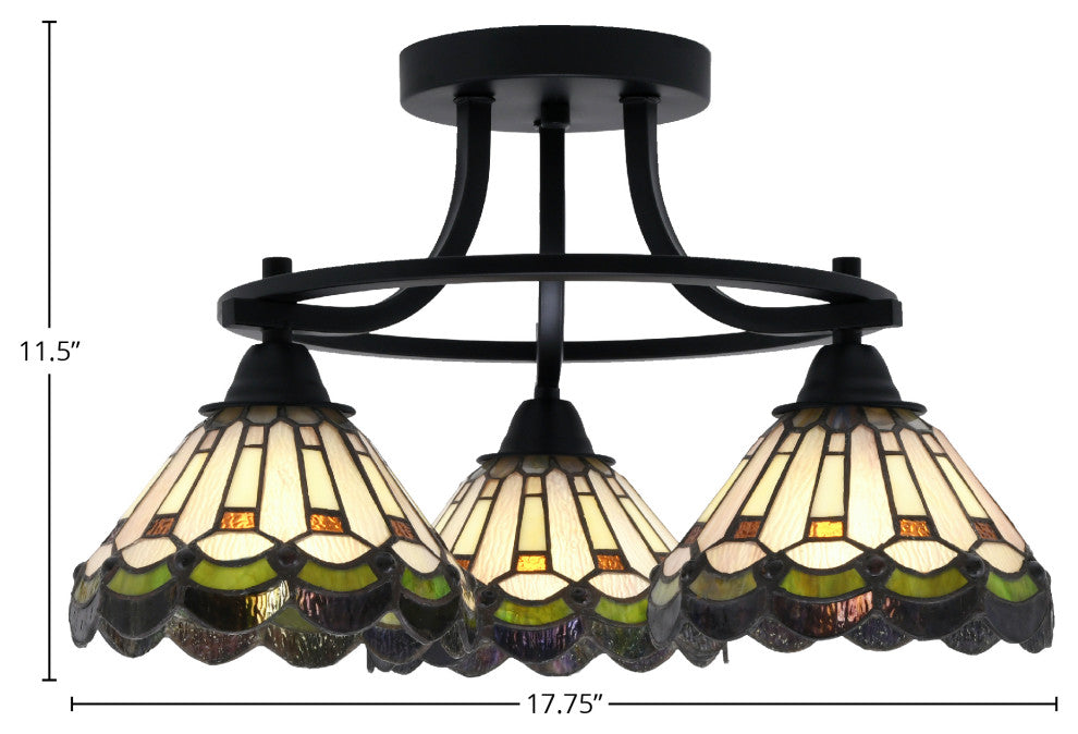 Paramount 3-Light Semi-Flush Light, Matte Black, 7" Cyprus Art Glass