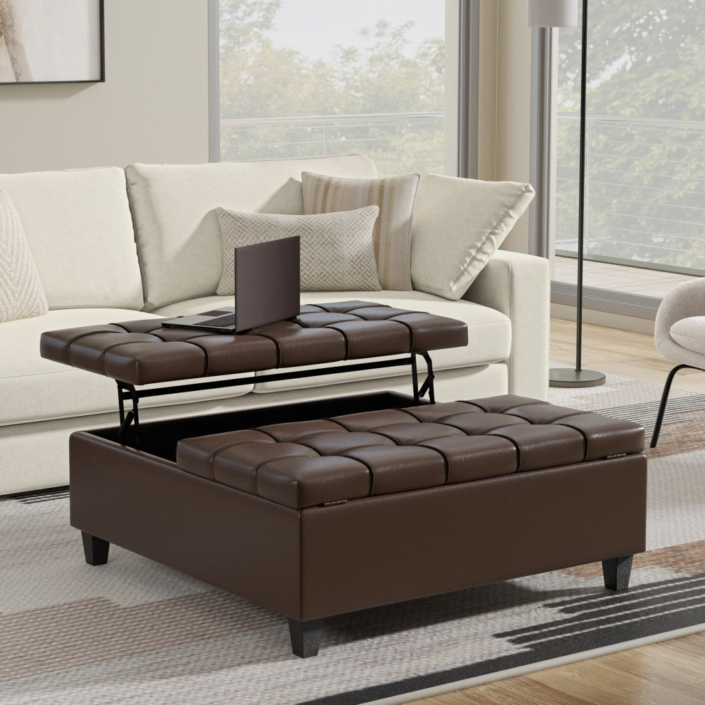 Harrison Large Square Coffee Table Storage Ottoman, Chocolate Brown