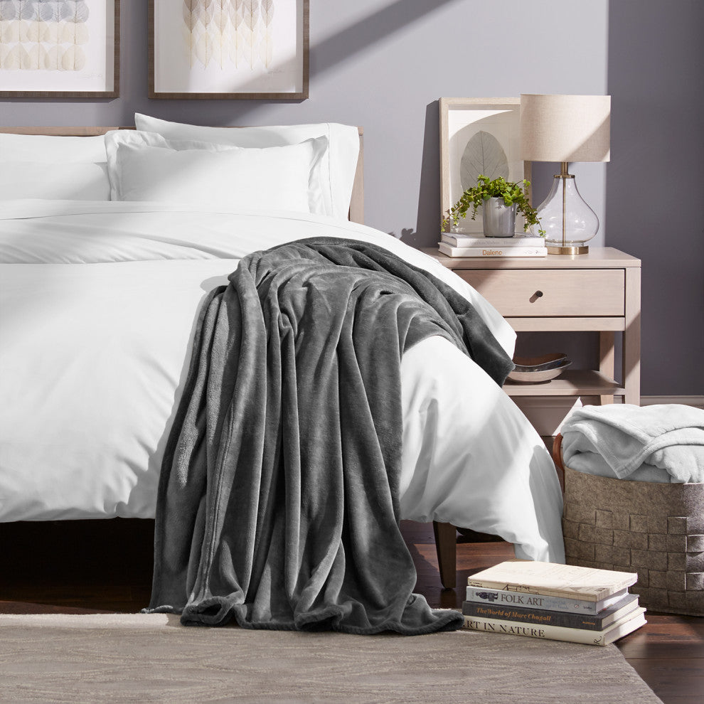 Bare Home Microplush Fleece Blanket, Gray, Throw/Travel