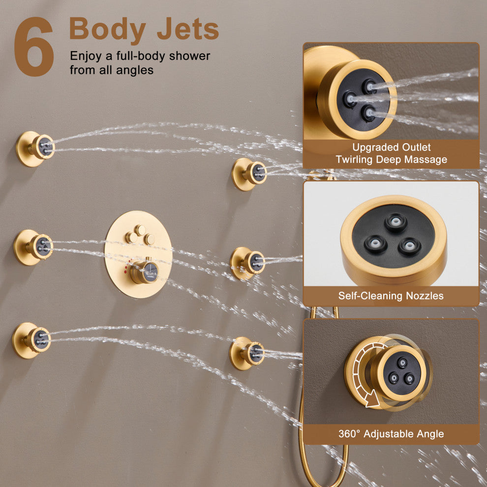 12" Luxury Rainfall Shower System with 3 Way Thermostatic Faucet, Brushed Gold