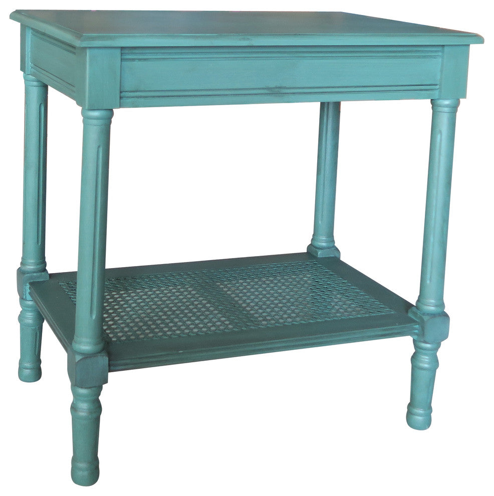 Jamestown Side Table with Rattan Shelf, Teal