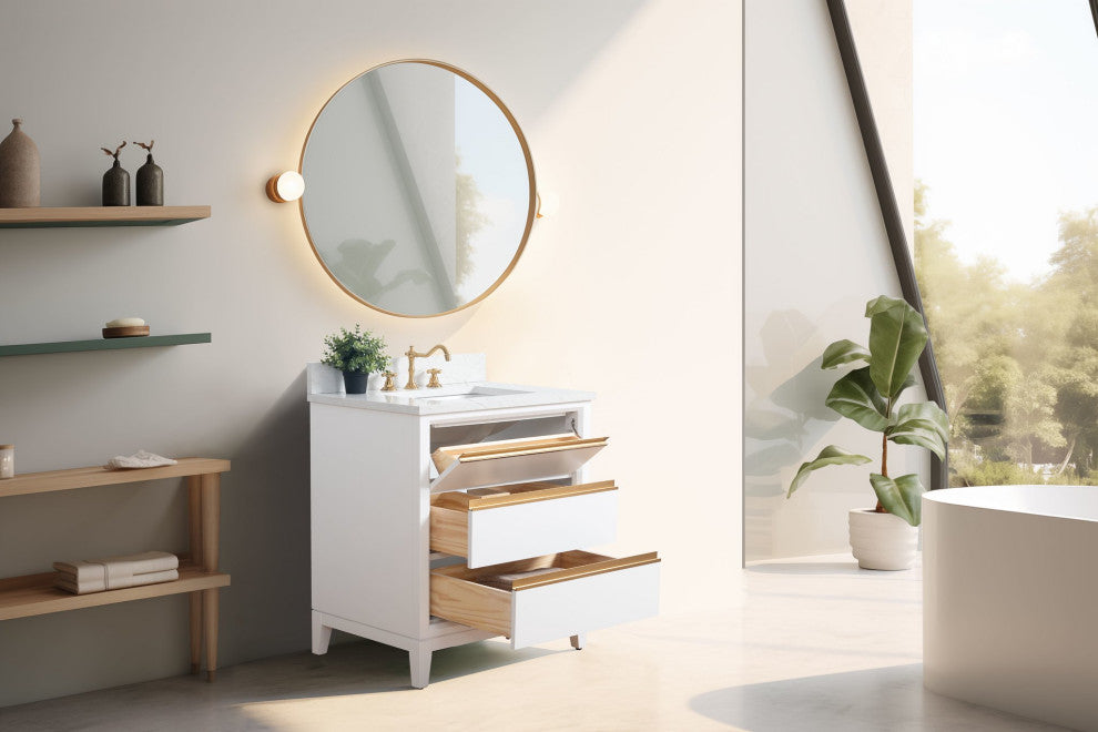 Vanity Art Bathroom Vanity With Sink, White, 30" Single