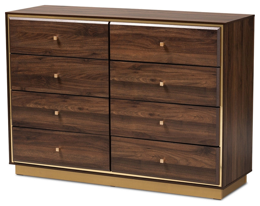 Modern and Contemporary Walnut Brown Finished Wood Gold Metal 8-Drawer Dresser