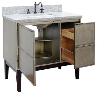 37" Single Vanity, Linen Brown Finish With Gray Granite Top And Rectangle Sink