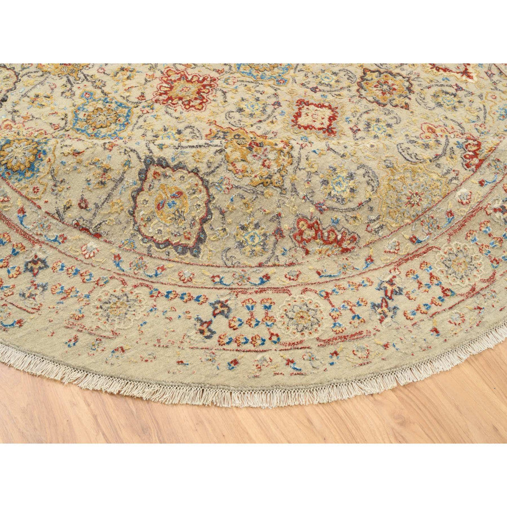 Beige, Wool and Pure Silk, Hand Knotted, Oriental, Round, Rug, 8'9" x 8'9"
