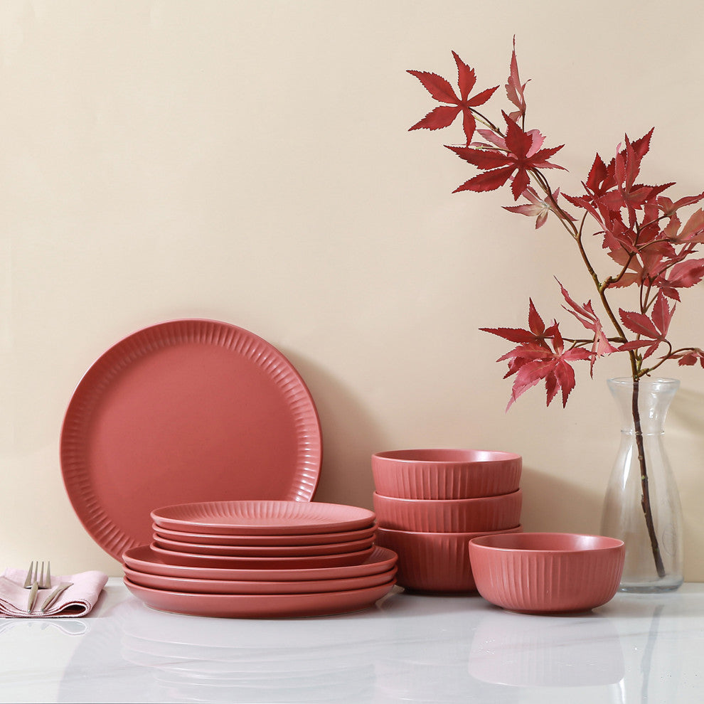 Stone Lain Logan Stoneware 24 Piece Dinnerware Set, Terracotta