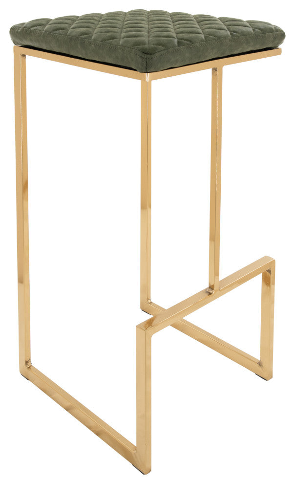 Quincy Leather Barstool Square Seats and Gold Metal Frame, Olive Green