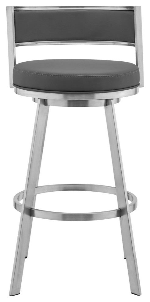 Roman 26" Gray Faux Leather and Brushed Stainless Steel Swivel Bar Stool