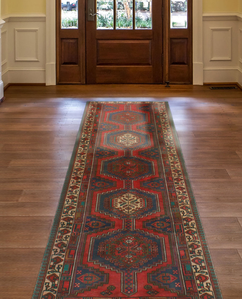 Fine Vintage Distressed Rama Red/Navy Runner, 3'2x10'7