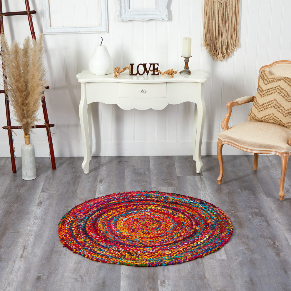 4' x 4' Hand Braided Boho Colorful Chindi Round Rug