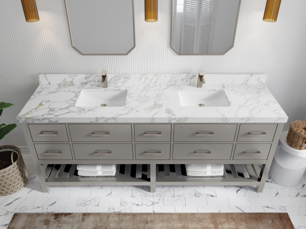 Parker 84" Double Sink Bath Vanity, Elephant Skin Gray 2" Calacatta Poanazzo