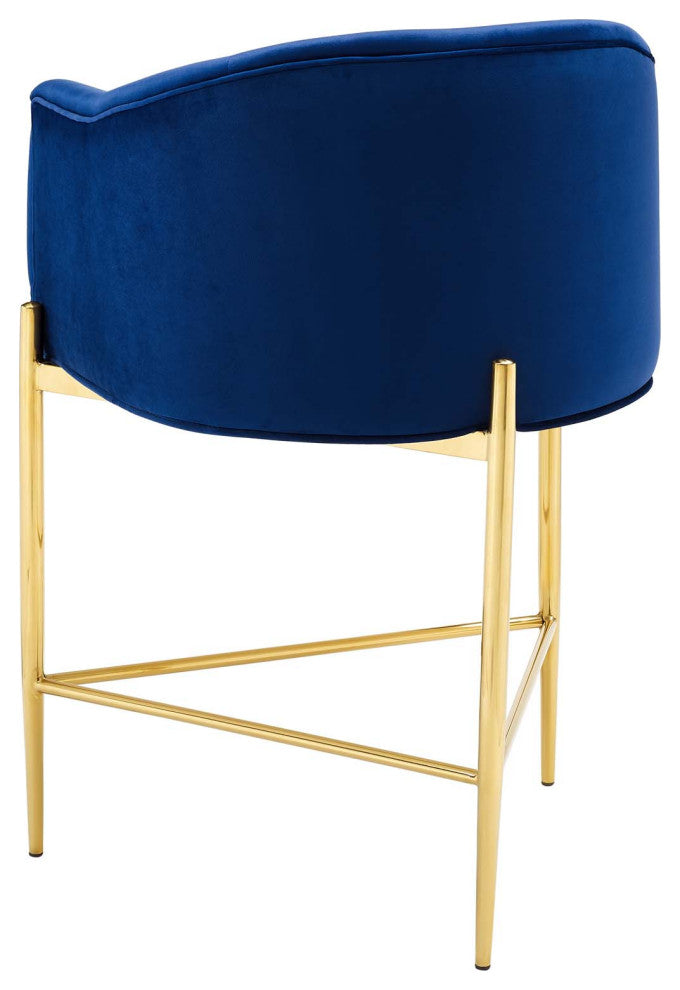 Tufted Counter Stool Chair, Set of 2, Velvet, Metal, Blue Navy, Modern, Bar Pub