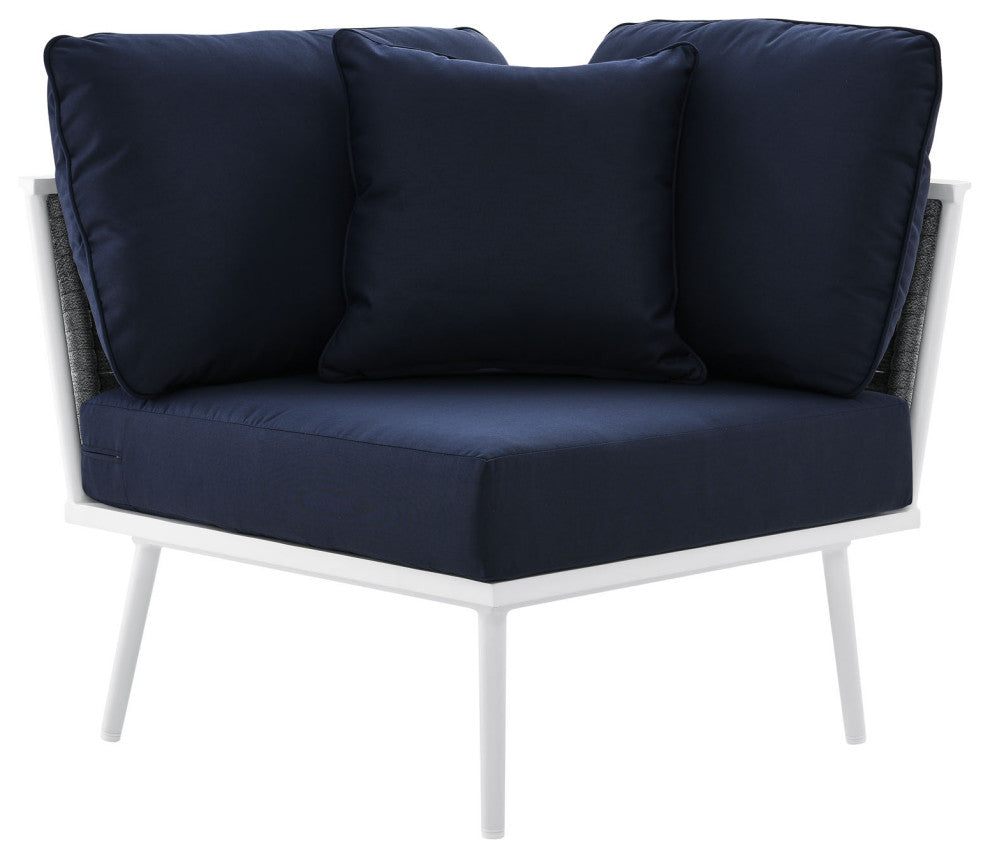 Lounge Sectional Sofa Chair Set, Navy White, Aluminum, Modern, Outdoor Patio