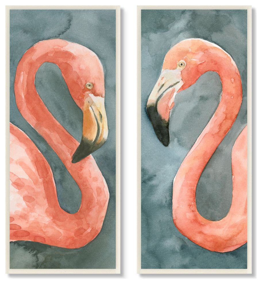 Watercolor Pink Flamingo Pair Watercolor Animal Portrait,7 x 17