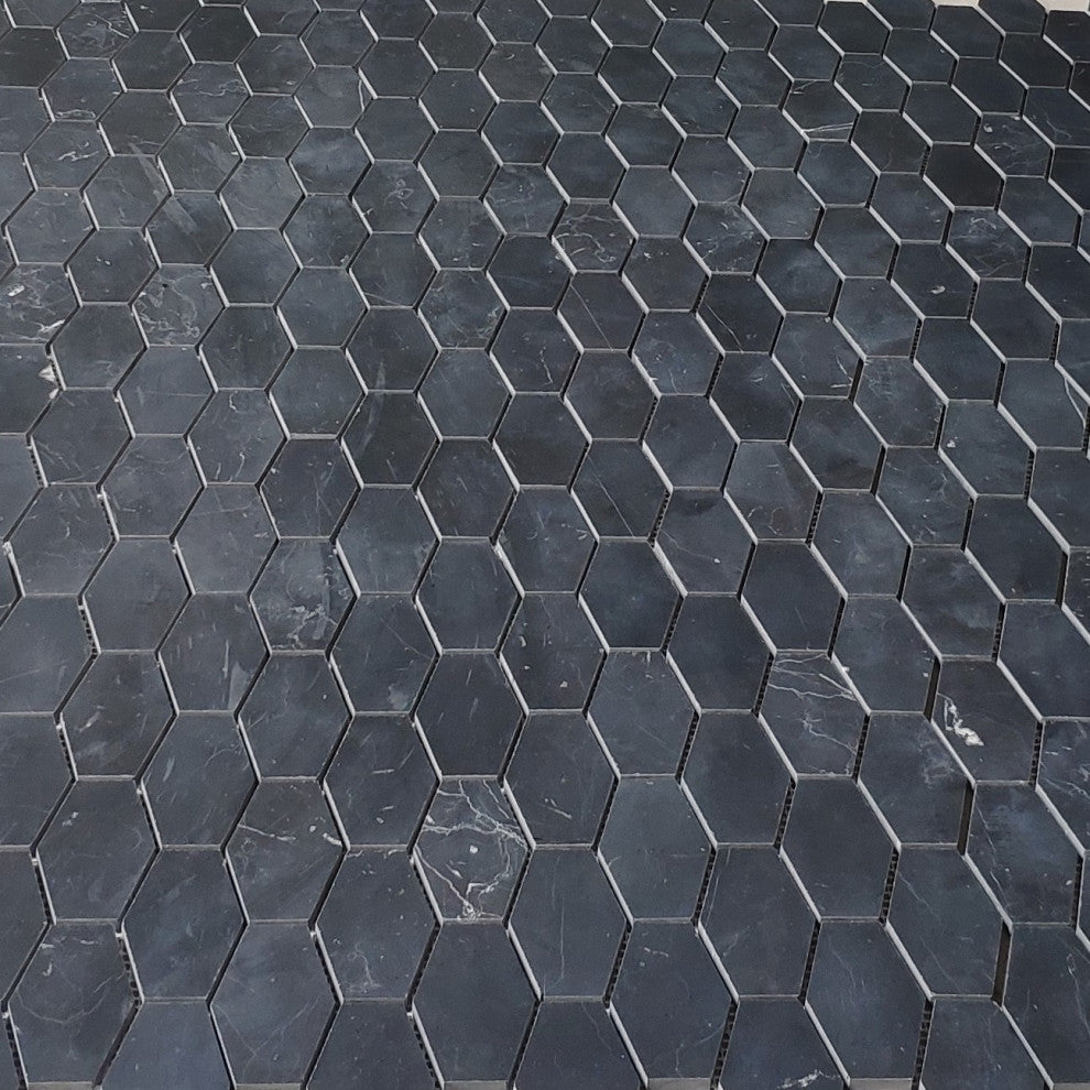 Nero Marquina Black Marble 1-1/4x3 Elongated Hexagon Mosaic Tile Honed, 1 sheet