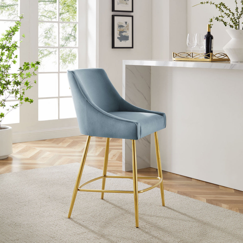 Counter Stool Chair, Blue, Velvet, Modern Bar Pub Cafe Bistro Lounge Dining