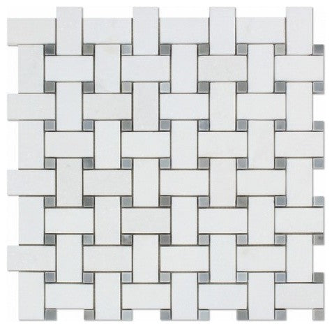 12"x12" Thassos White Greek Marble Honed Basketweave Mosaic Tile, Black Dots
