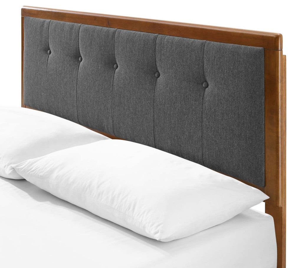 Platform Bed Frame, King Size, Wood, Brown Walnut Gray, Modern Mid-Century