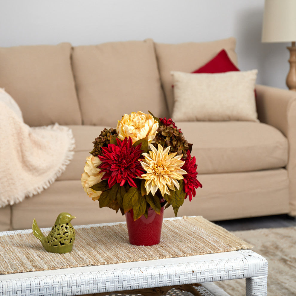 14" Peony, Hydrangea and Dahlia Artificial Arrangement, Burgundy Vase