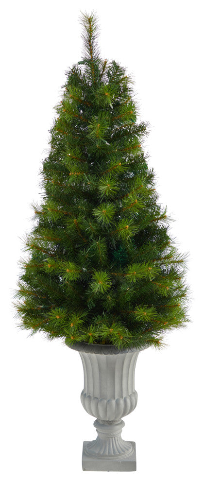 4.5' Green Valley Pine Faux Xmas Tree W/ White Lights & Bendable Branches, Urn
