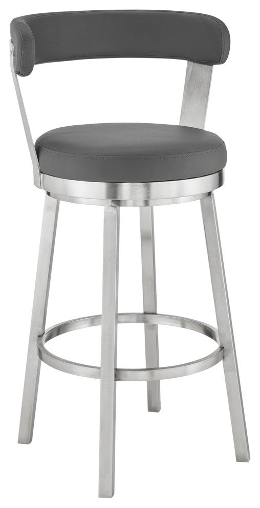 26" Chic Gray Faux Leather With Stainless Steel Finish Swivel Bar Stool