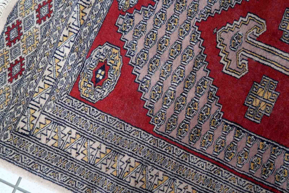 Handmade Vintage Uzbek Bukhara Rug 3.2'x5.1', 98cmx156cm, 1970s