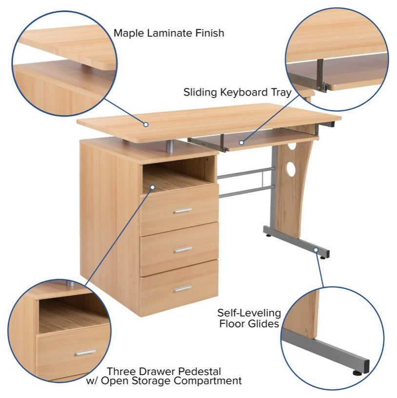 Maple Desk with Three Drawer Pedestal and Pull-Out Keyboard Tray