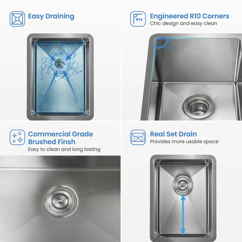 Handcrafted Undermount Single Bowl 16 Gauge Stainless Steel Kitchen Sink, 14"