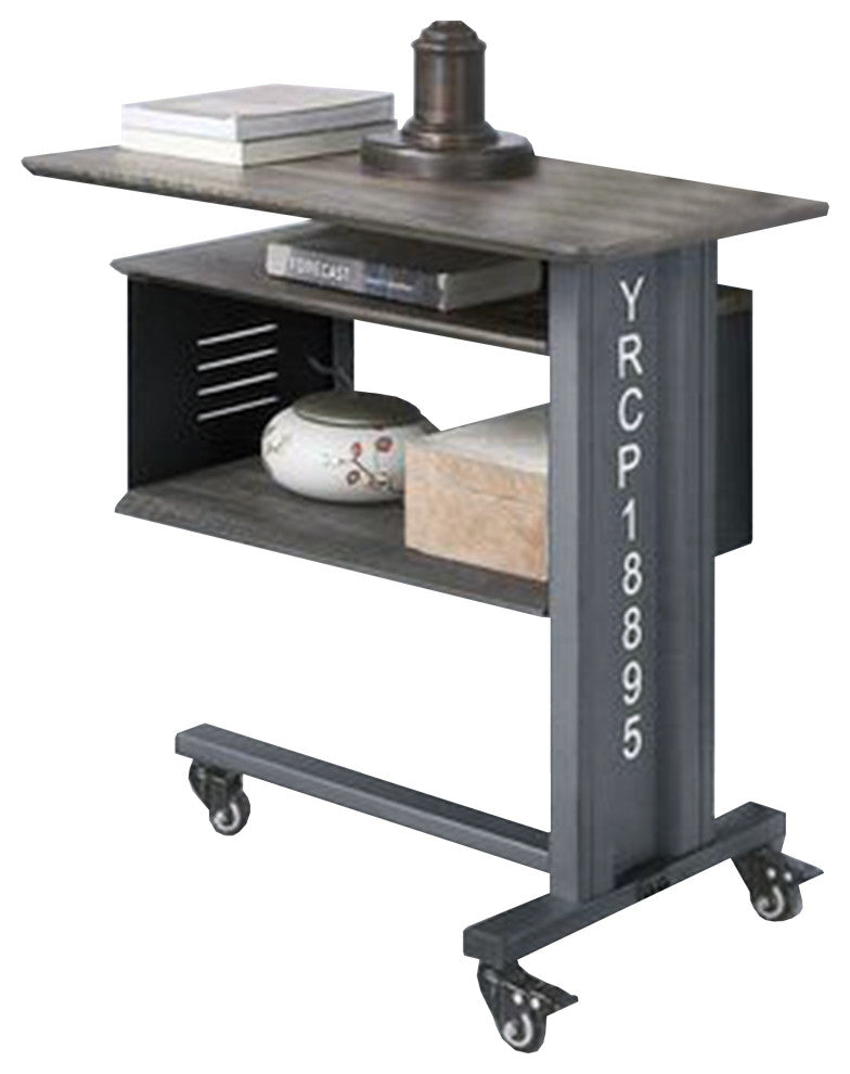Benzara BM269580 Accent Table With Metal Cargo Style and 3 Caster Wheels, Gray