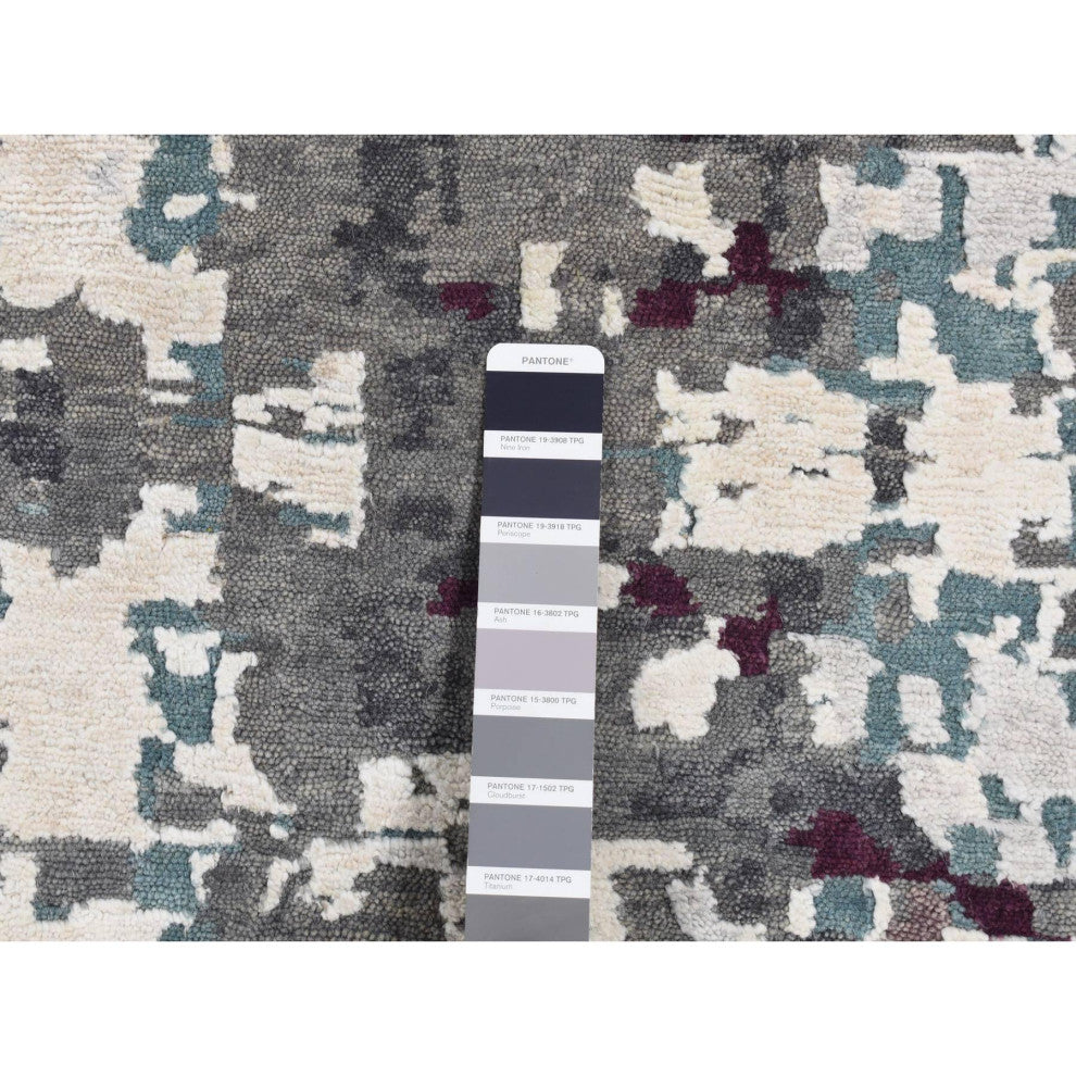 Carbon Gray Modern Abstract Design Hand Knotted Wool and Silk Rug 9'10"x13'7"