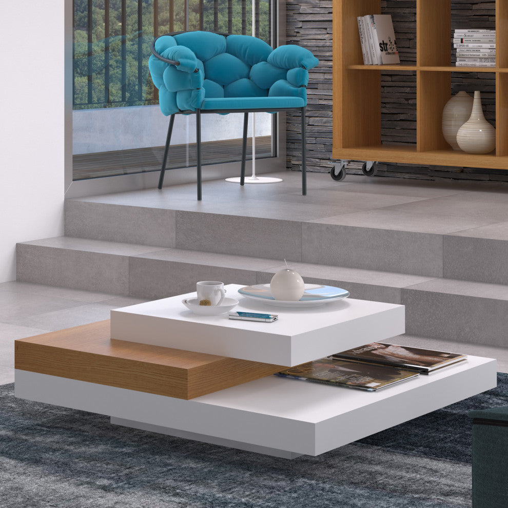 Isle Contemporary Multi Platform Square Coffee Table, White/Oak