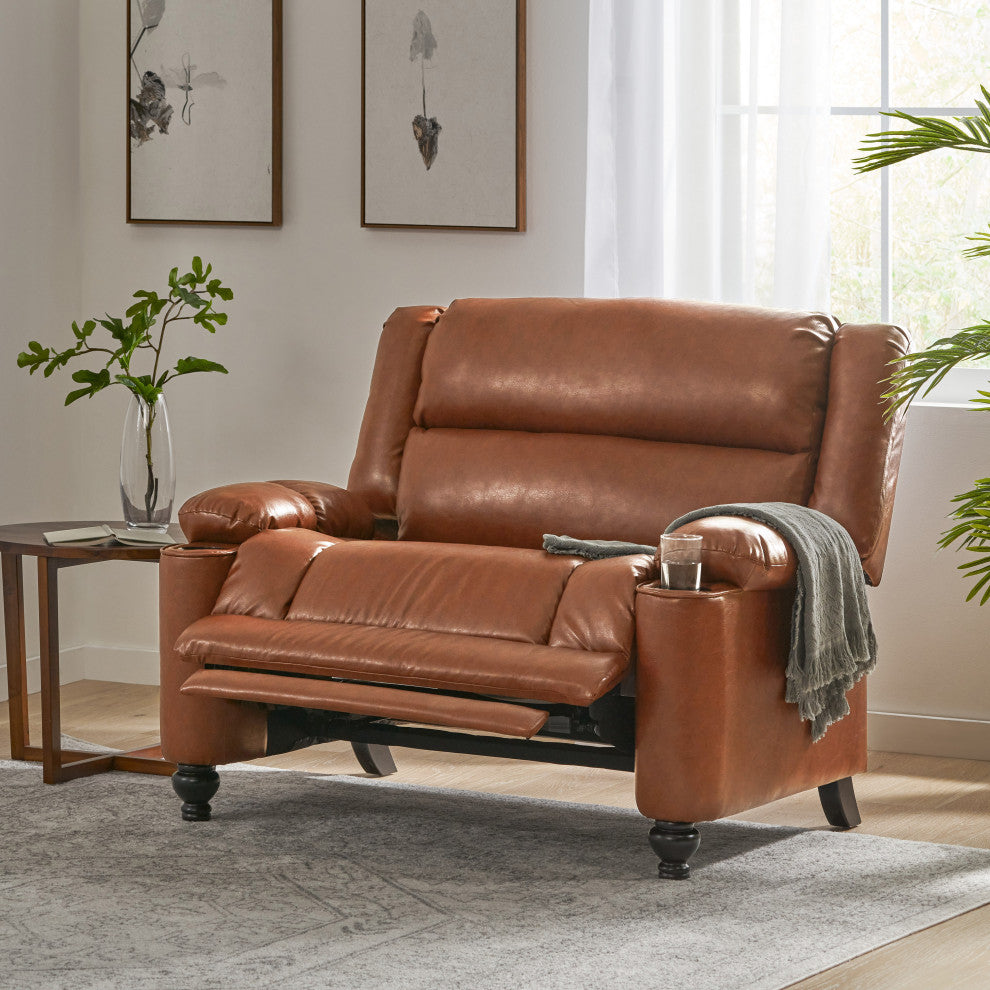 Upham Faux Leather Oversized Pushback Recliner, Cognac Brown/Espresso