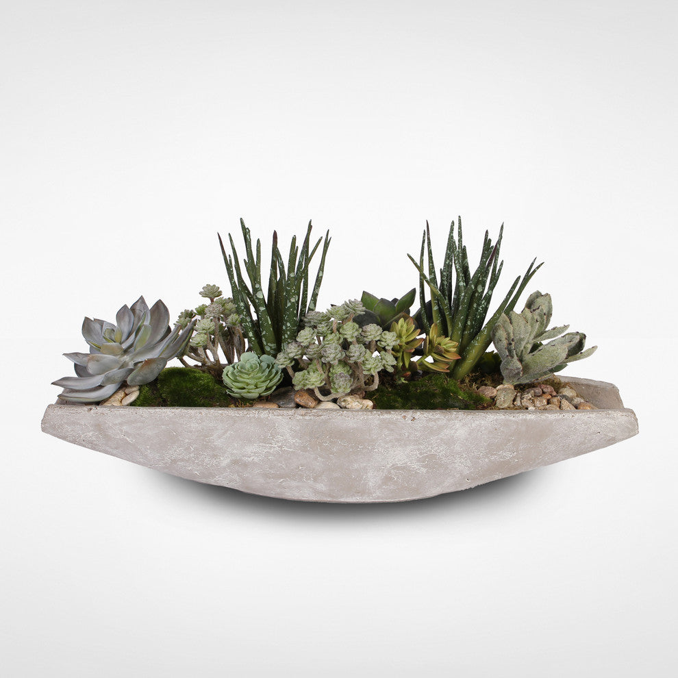 Assorted Artificial Succulents With Natural Pebbles, Stone Boat