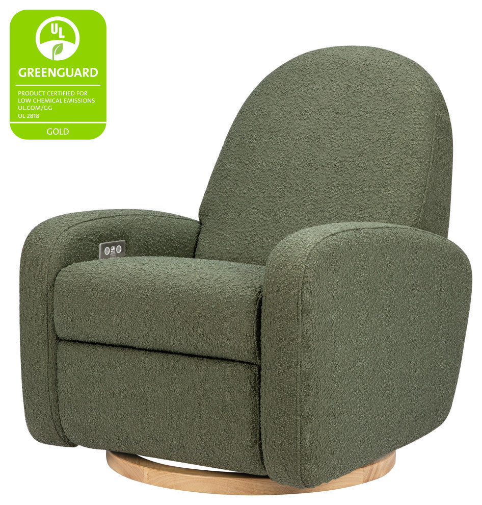 Nami Electronic Recliner and Swivel Glider Recliner, Boucle With USB port, Olive Boucle With Light Wood Base