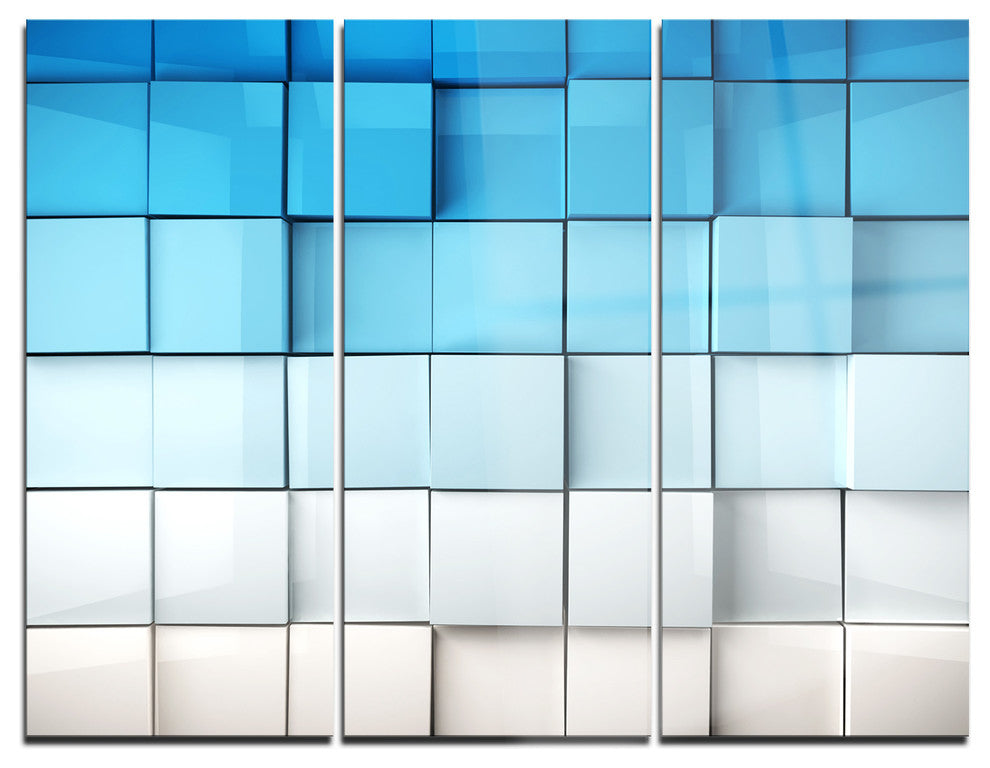 "Blue and White Mosaic Cubes" Metal Wall Art, 3 Panels, 36"x28"